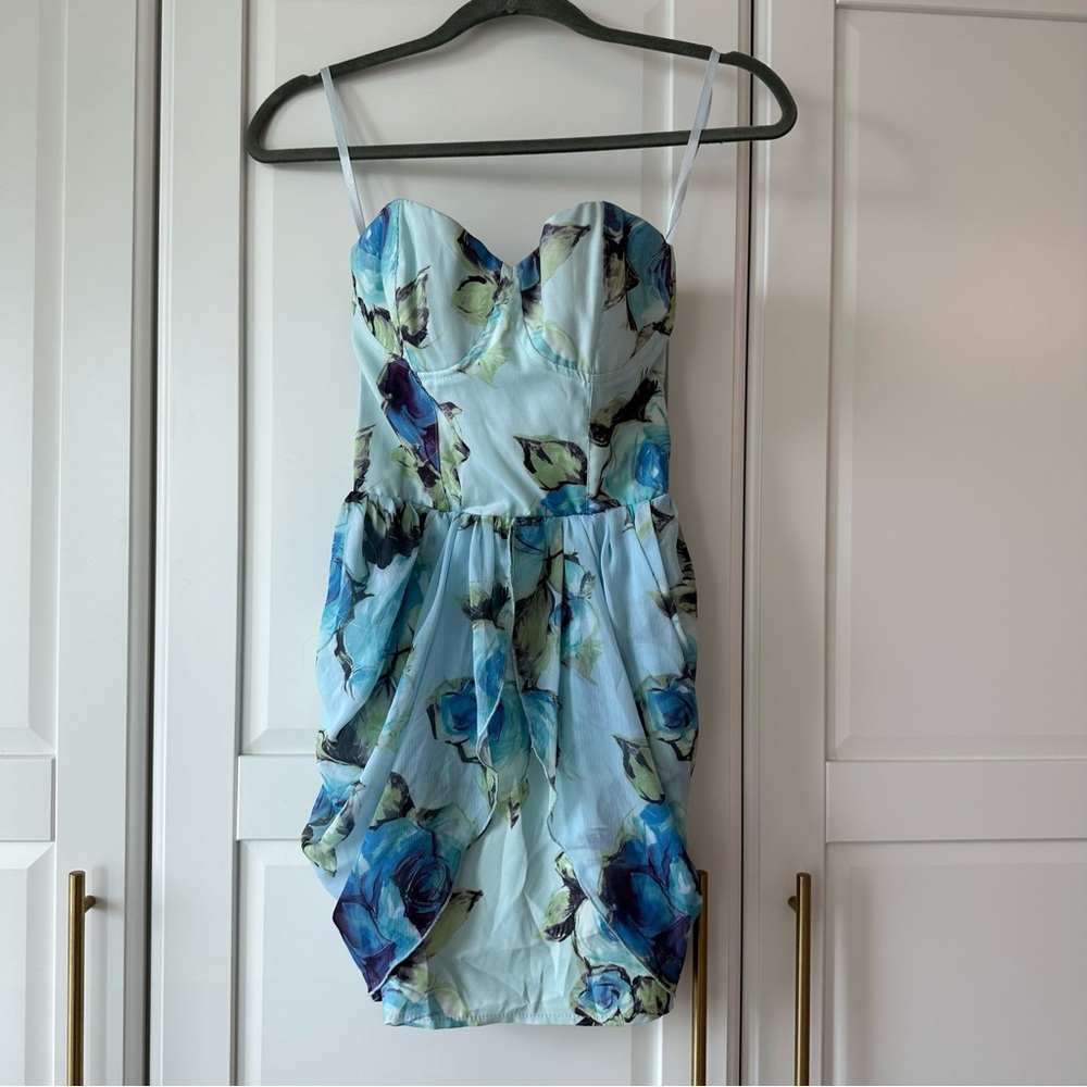 Floral Blue Strapless Mini Dress